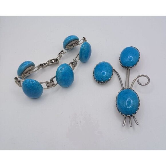 Vintage Estate Turquoise Blue Glass Bracelet Brooch Set Floral Spray Cabochon - Picture 4 of 7